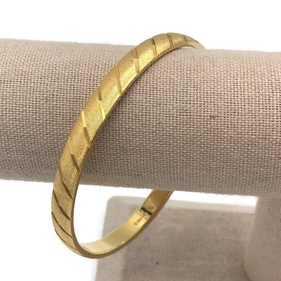 Monet Vintage Textured Diagonal Cut Lines Bangle Bracelet Gold Tone XL Signed
